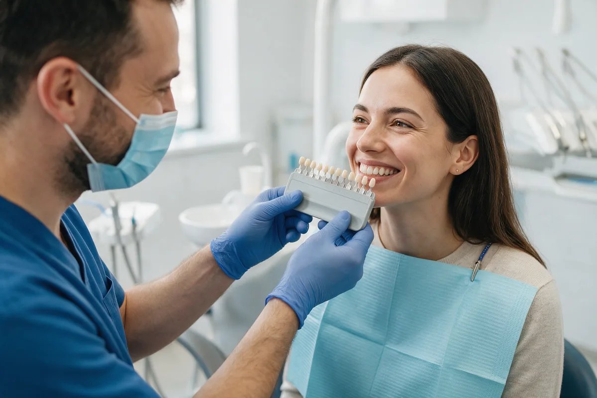 Dentista comparando el color de los dientes de una paciente con una guía de colores durante la valoración previa al blanqueamiento dental